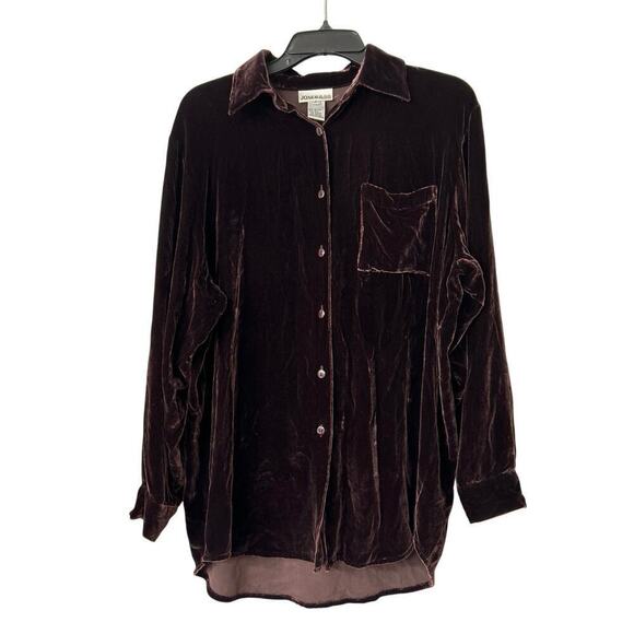 JONES & CO Vintage Silk Blend Chocolate Brown Velvet Oversized Button Down Top S - Picture 1 of 10